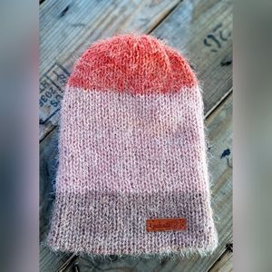 Handmade Dark Coral, Light Coral, and Tan Striped Adult Beanie